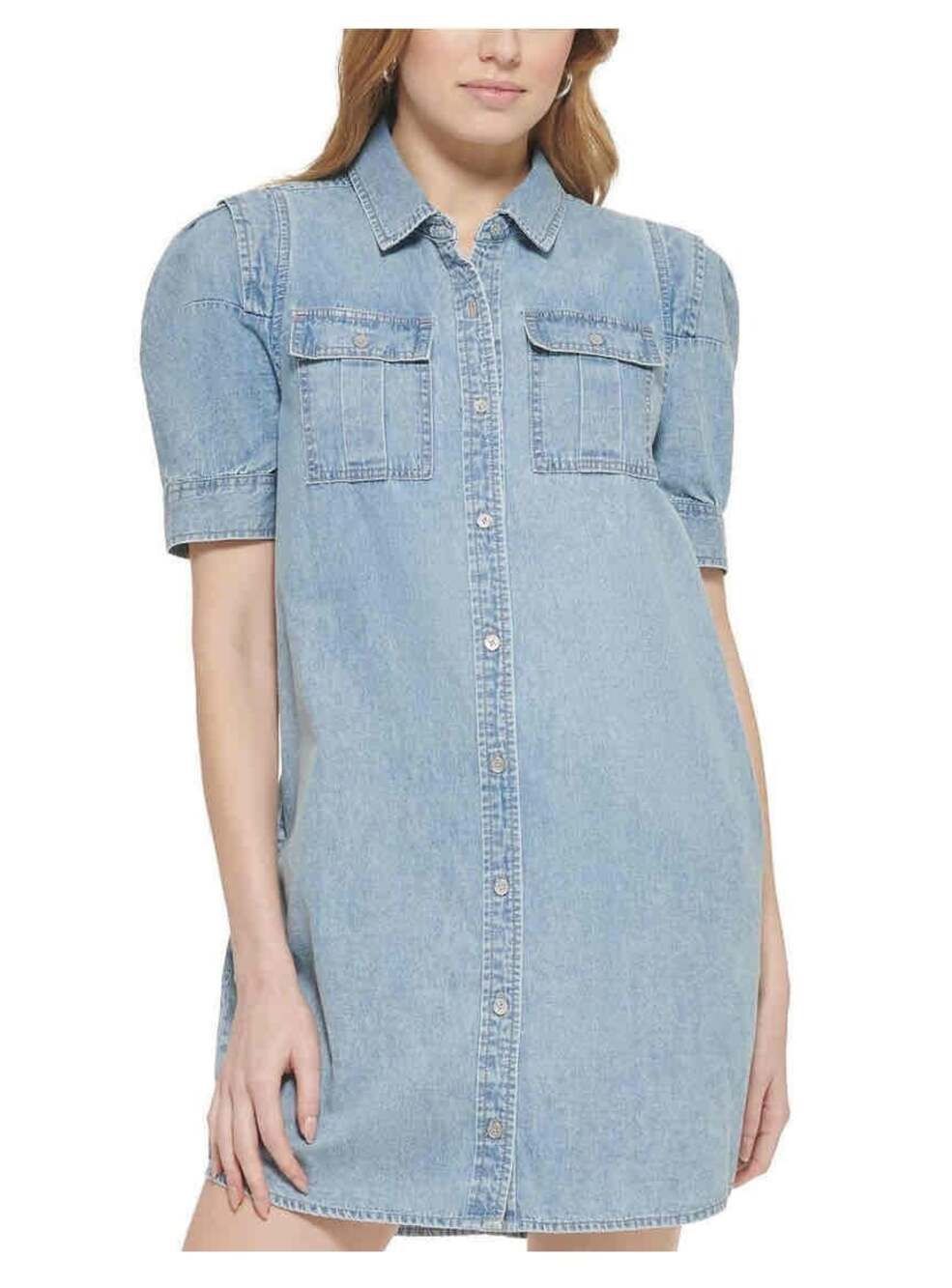 DKNY Jeans Women's XL Denim Puff-Sleeve Button-Front Shirtdress Baltic Wash